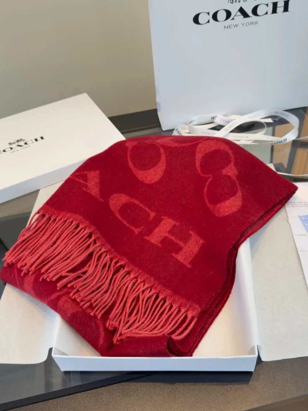 Coach Classic Monogram C Logo Burgundy Fringe Scarf Warm Cozy Designer Shawl